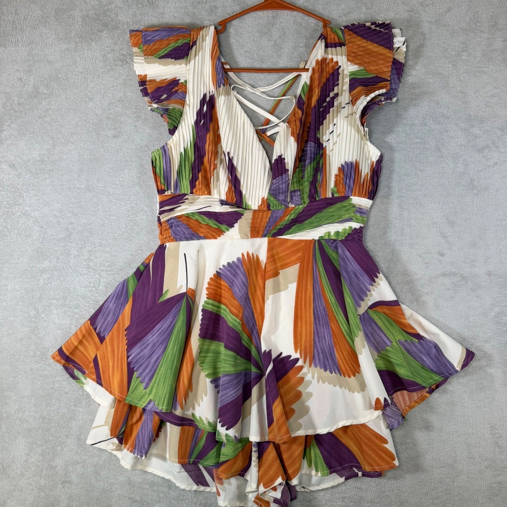 The Sang Abstract Leaf Print Pleated Romper Lace Up Back Ruffle Tiered Medium